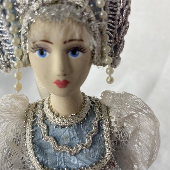 Traditional Russian Folk Doll Blue Dress W/Silver & Lace Handcrafted Collectible - Picture 4 of 11